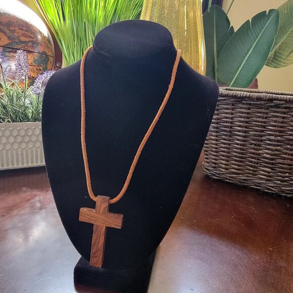 Rustic Vintage Wooden Cross Necklace with Leather Cord & Christian Style Pendant - Picture 2 of 10
